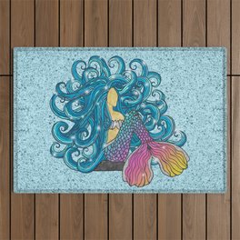 Blue Haired Rainbow Mermaid Outdoor Rug