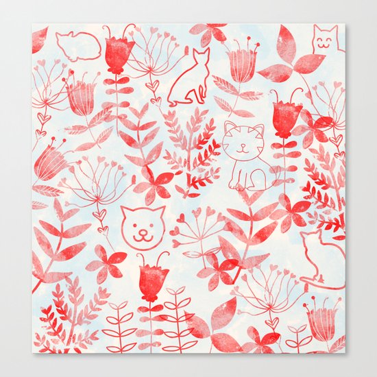 Watercolor Floral & Cat Canvas Print