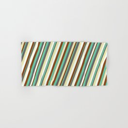 [ Thumbnail: Vibrant Aquamarine, Dim Grey, Pale Goldenrod, Mint Cream, and Brown Colored Lined Pattern Hand & Bath Towel ]