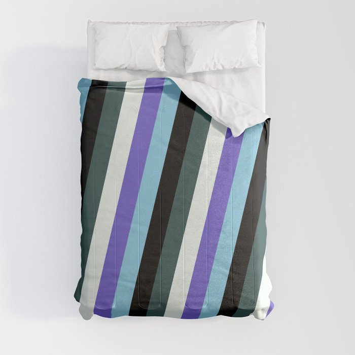 Colorful Slate Blue, Sky Blue, Black, Dark Slate Gray & Mint Cream Colored Lined/Striped Pattern Comforter