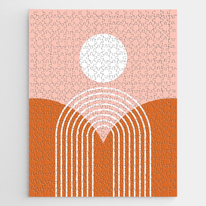 Geometric Rainbow Sun Abstract 35 in Rose Gold Red Jigsaw Puzzle