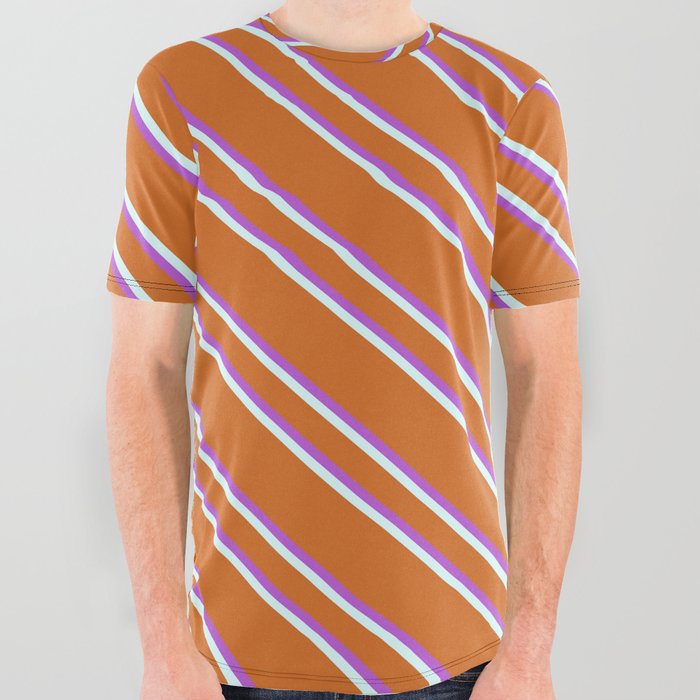 Chocolate, Orchid, and Light Cyan Colored Striped/Lined Pattern All Over Graphic Tee
