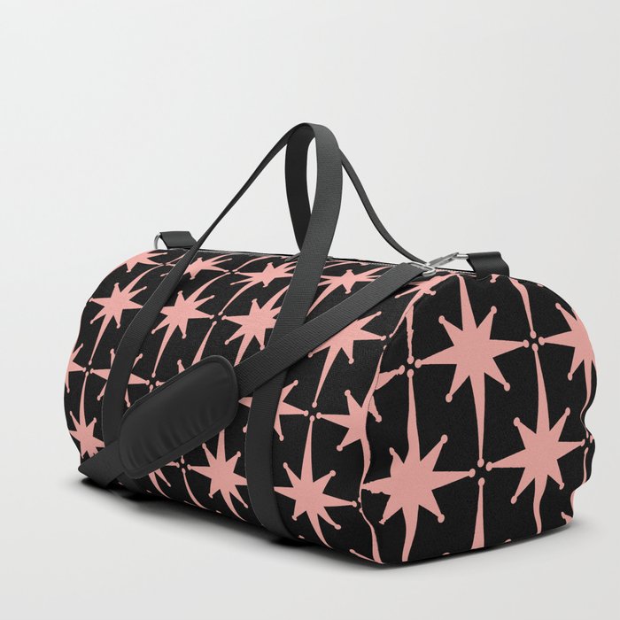 Midcentury Modern Atomic Starburst Pattern in Black and 50s Bathroom Pink Duffle Bag