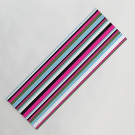 [ Thumbnail: Vibrant Deep Pink, Dark Olive Green, Sky Blue, White, and Black Colored Lined/Striped Pattern Yoga Mat ]