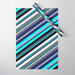 [ Thumbnail: Aqua, Black, White, Dim Gray & Midnight Blue Colored Stripes/Lines Pattern Wrapping Paper ]