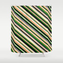 [ Thumbnail: Eye-catching Gray, Light Yellow, Light Salmon, Forest Green & Black Colored Striped Pattern Shower Curtain ]