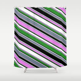 [ Thumbnail: Vibrant Slate Gray, Violet, Forest Green, Black, and White Colored Stripes Pattern Shower Curtain ]