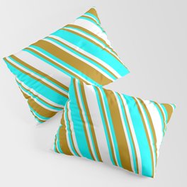 [ Thumbnail: White, Dark Goldenrod, and Aqua Colored Striped Pattern Pillow Sham ]