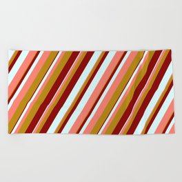 [ Thumbnail: Dark Red, Light Cyan, Salmon, and Dark Goldenrod Colored Lined Pattern Beach Towel ]