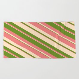 [ Thumbnail: Bisque, Green, and Light Coral Colored Striped/Lined Pattern Beach Towel ]