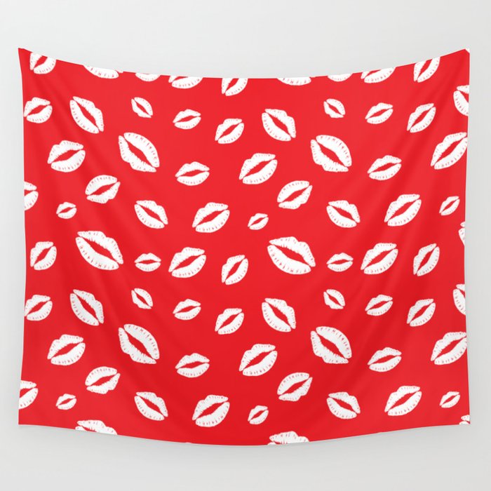 Lipstick kisses on red background. Digital Illustration background Wall Tapestry