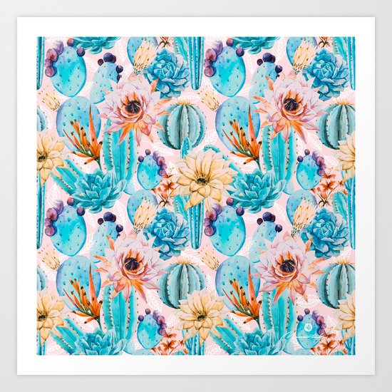 Cactus and flowers pattern Art Print