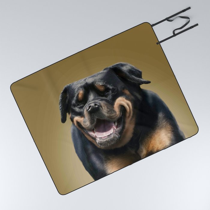 Happy Rottweiler Dog Selfie Portrait Picnic Blanket