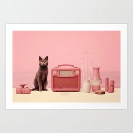 Retro Cat in Pink Listening to Music Vintage Matisse Style Art Print
