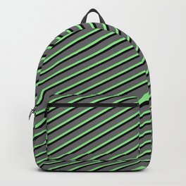 [ Thumbnail: Dim Gray, Light Green & Black Colored Lined/Striped Pattern Backpack ]