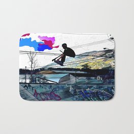 Let's Scoot! - Stunt Scooter at Skate Park Bath Mat | Scooting, Graphicdesign, Kidssports, Silhouettes, Deckgrab, Modernart, Kick Scooter, Scooterstunts, Scootertricks, Stuntscooter 
