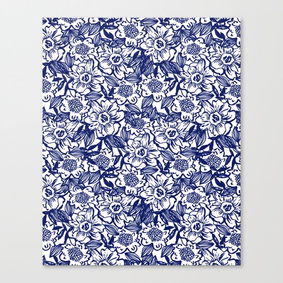 Indigo Florals watercolor painterly botanical boho pattern print nature spring summer monochromatic Canvas Print