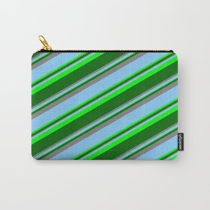 Light Sky Blue, Lime, Dark Green & Grey Colored Striped Pattern Carry-All Pouch