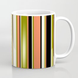 [ Thumbnail: Beige, Green, Coral & Black Colored Stripes Pattern Coffee Mug ]