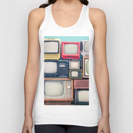 Retro TV receivers set from circa 60s, 70s and 80s of XX century, old wooden television stand with amplifier front mint blue wall background. Broadcasting, news concept. Vintage style filtered photo Tank Top