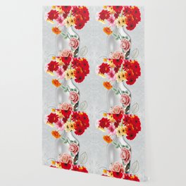 vase with golden red and rose flowers in light background Wallpaper
