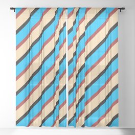 [ Thumbnail: Tan, Black, Deep Sky Blue & Brown Colored Striped Pattern Sheer Curtain ]