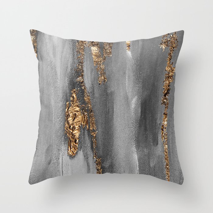 Grey Paint Brushstrokes Gold Foil Throw Pillow