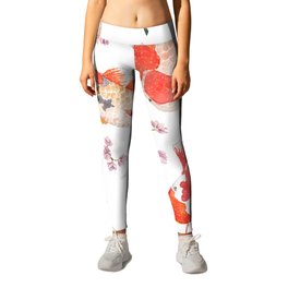 Watercolor oriental pattern with rainbow carps. Seamless oriental texture with isolated hand drawn fishes and blossom cherry. Asian natural background in Leggings