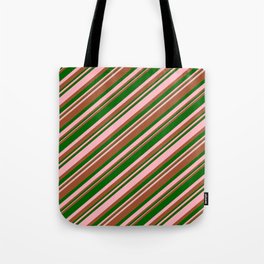 [ Thumbnail: Light Pink, Sienna, and Dark Green Colored Stripes Pattern Tote Bag ]