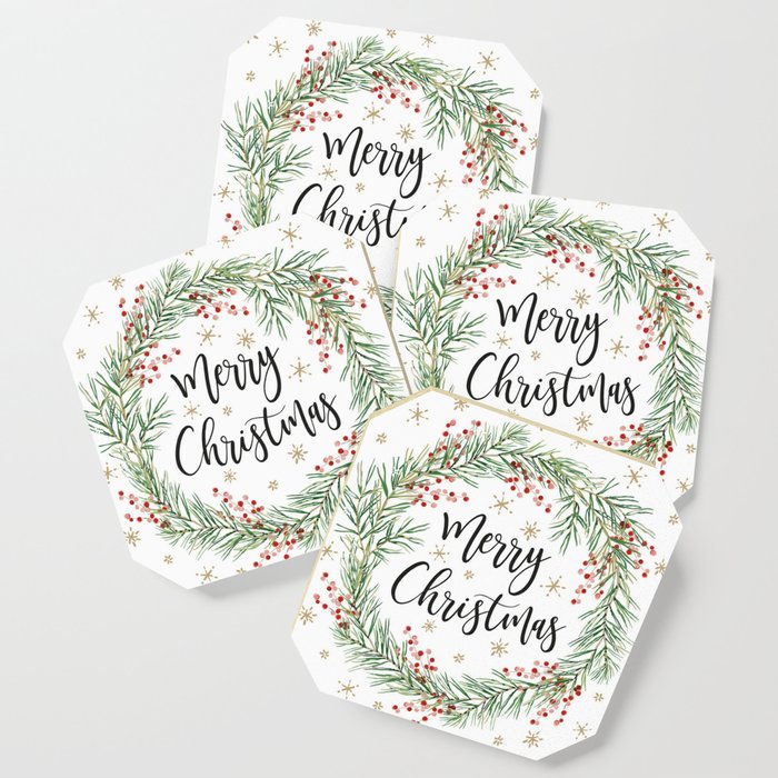 Merry Christmas wreath with red berries Coaster