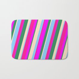 [ Thumbnail: Vibrant Light Sky Blue, Deep Pink, Fuchsia, Sea Green, and Bisque Colored Stripes/Lines Pattern Bath Mat ]