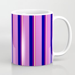 [ Thumbnail: Deep Pink, Beige, Purple, Dark Blue, and Orchid Colored Stripes Pattern Coffee Mug ]