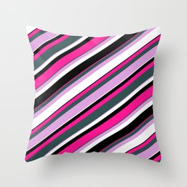 [ Thumbnail: Eyecatching Deep Pink, Dark Slate Gray, Plum, White & Black Colored Lines Pattern Throw Pillow ]