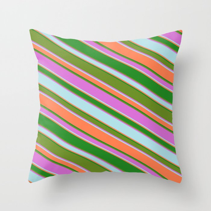 Eyecatching Green, Orchid, Powder Blue, Coral & Forest Green Colored Lined Pattern Throw Pillow