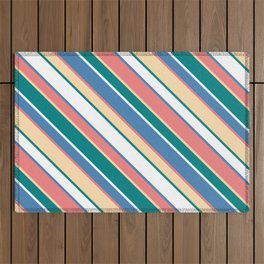 [ Thumbnail: Light Coral, Tan, Teal, White & Blue Colored Striped/Lined Pattern Outdoor Rug ]
