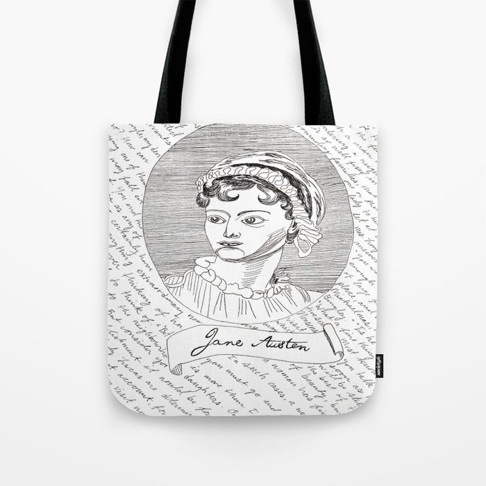 Jane Austen author portrait with Pride and Prejudice quotes Tote Bag