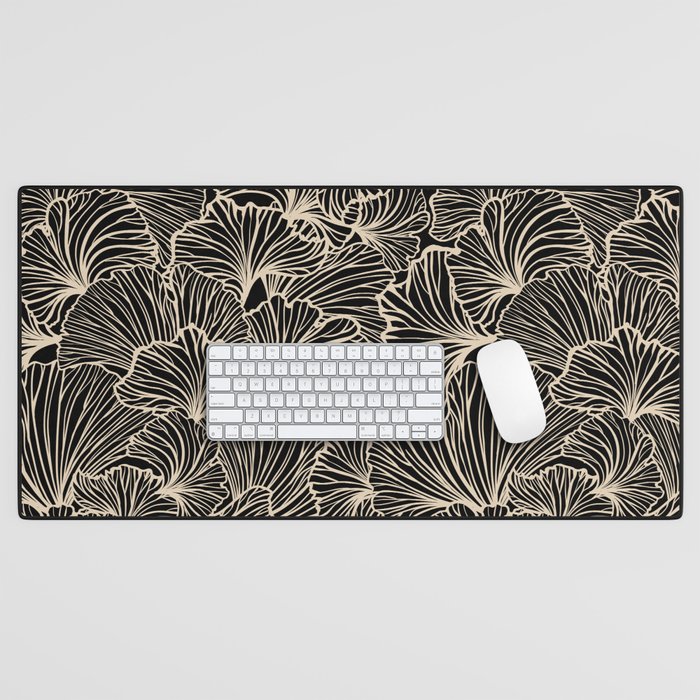 Decorative Leaf Pattern, Floral Prints, Cream and Black Desk Mat