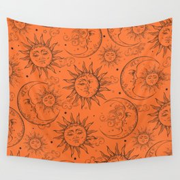 Orange Magic Celestial Sun Moon Stars Wall Tapestry
