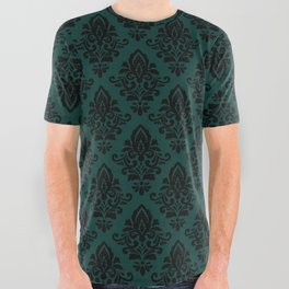 Black damask pattern Teal All Over Graphic Tee