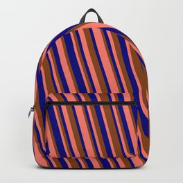 [ Thumbnail: Blue, Brown & Salmon Colored Stripes Pattern Backpack ]