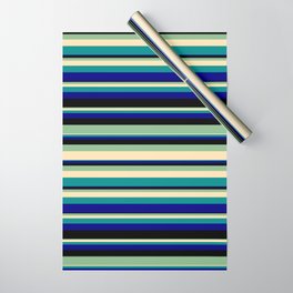 [ Thumbnail: Vibrant Dark Sea Green, Beige, Dark Cyan, Blue & Black Colored Striped/Lined Pattern Wrapping Paper ]