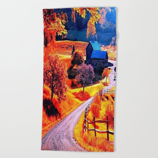 Farmhouse In Autumn Beach Towel