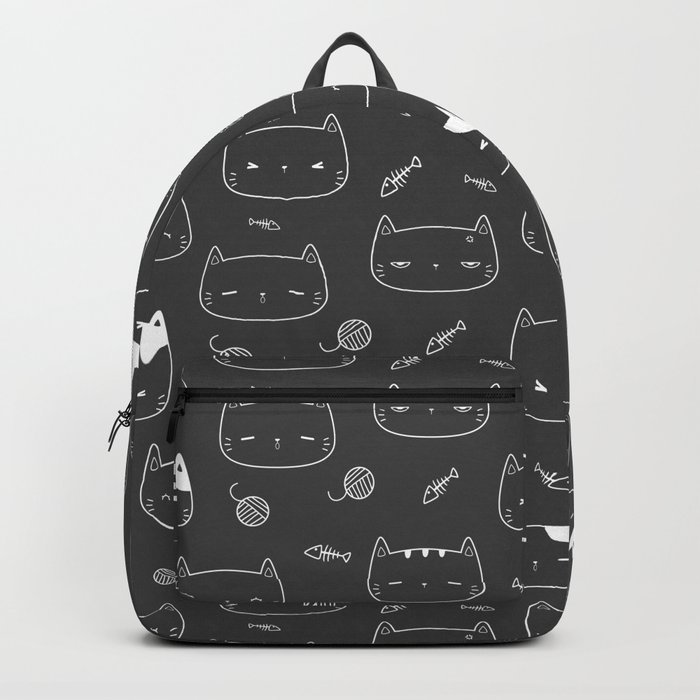 Dark Grey and White Doodle Kitten Faces Pattern Backpack