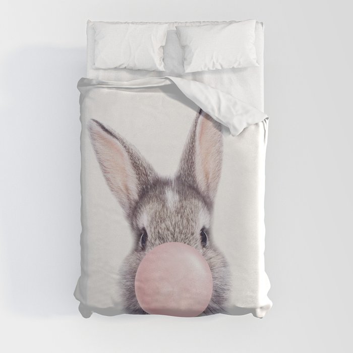 Bunny Rabbit Blowing Bubble Gum, Pink Nursery, Baby Animals Art Print by Synplus Duvet Cover