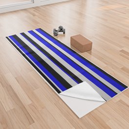 [ Thumbnail: Blue, Light Gray & Black Colored Striped Pattern Yoga Towel ]