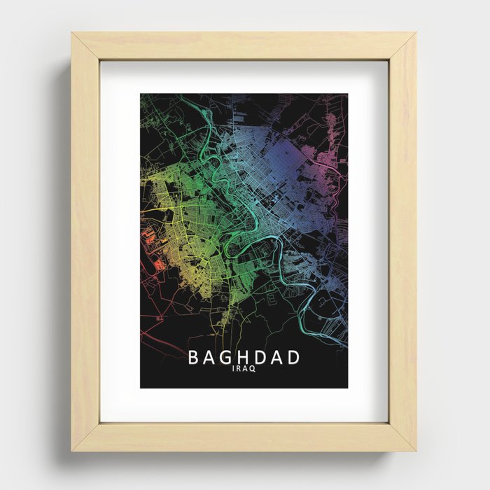 Baghdad, Iraq, City, Map, Rainbow, Map, Art, Print Recessed Framed Print