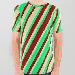 [ Thumbnail: Green, Dark Red & Pale Goldenrod Colored Stripes Pattern All Over Graphic Tee ]