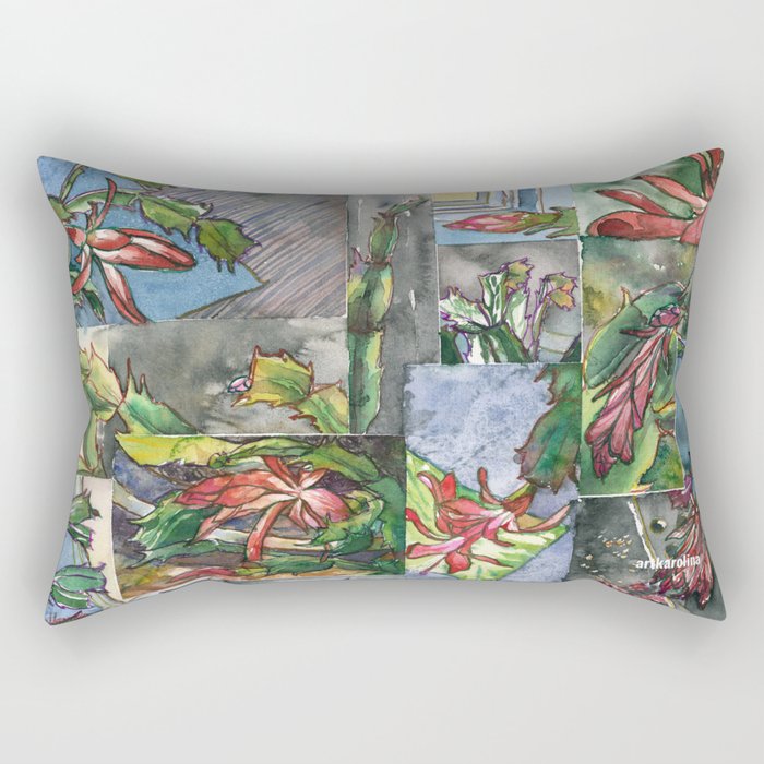 Christmas Cactus - Watecolor Painting Collage / Botanical Art / Floral Illustratin Rectangular Pillow