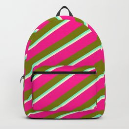 [ Thumbnail: Deep Pink, Green, Aquamarine, and Light Yellow Colored Lined/Striped Pattern Backpack ]