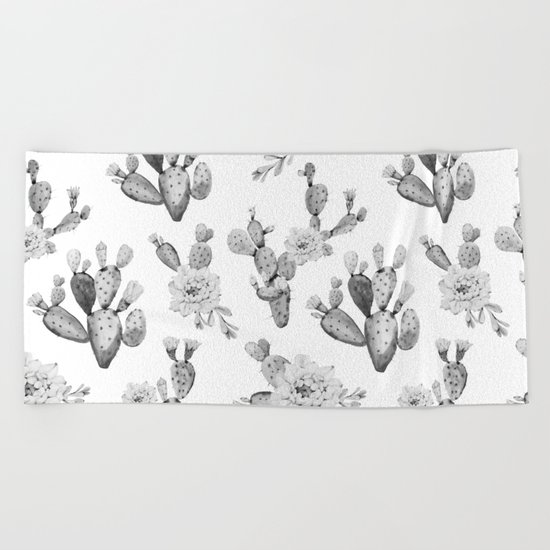 Cactus Rose Garden Black and White Beach Towel